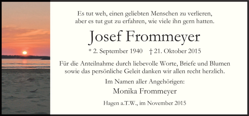  Traueranzeige für Josef Fromrneyer vom 28.11.2015 aus Neue Osnabrücker Zeitung GmbH & Co. KG