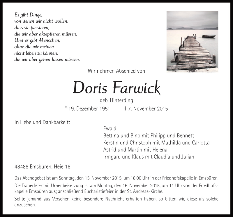  Traueranzeige für Doris Farwick vom 10.11.2015 aus Neue Osnabrücker Zeitung GmbH & Co. KG