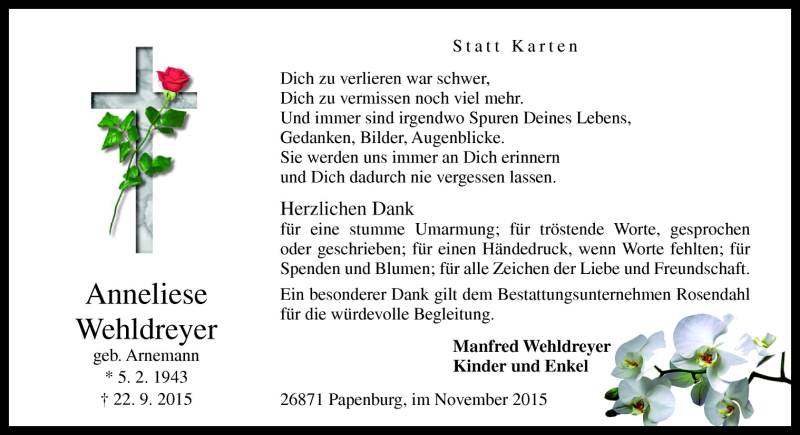  Traueranzeige für Anneliese Wehldreyer vom 07.11.2015 aus Neue Osnabrücker Zeitung GmbH & Co. KG