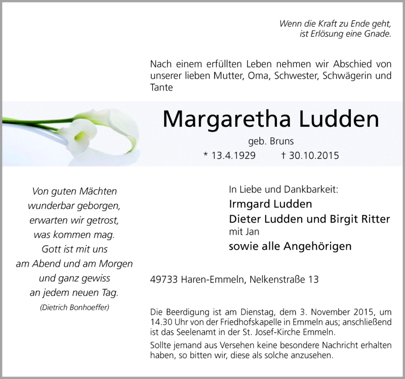  Traueranzeige für Margaretha Ludden vom 02.11.2015 aus Neue Osnabrücker Zeitung GmbH & Co. KG