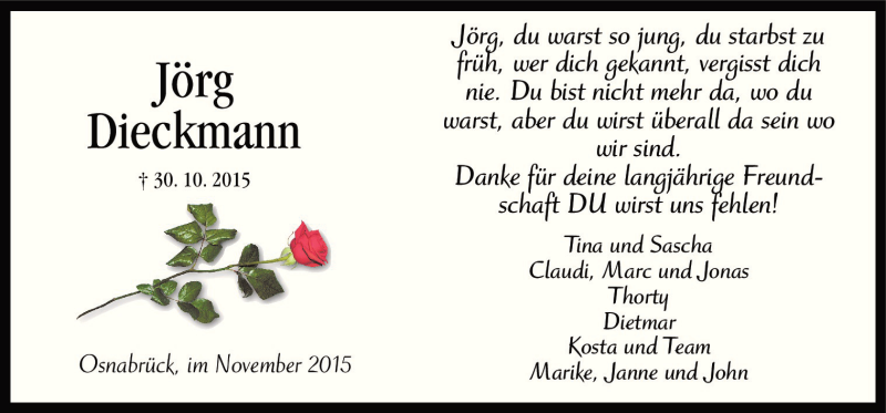  Traueranzeige für Jörg Dieckmann vom 11.11.2015 aus Neue Osnabrücker Zeitung GmbH & Co. KG