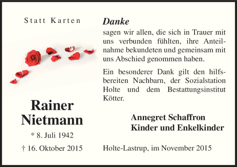  Traueranzeige für Rainer Nietmann vom 28.11.2015 aus Neue Osnabrücker Zeitung GmbH & Co. KG