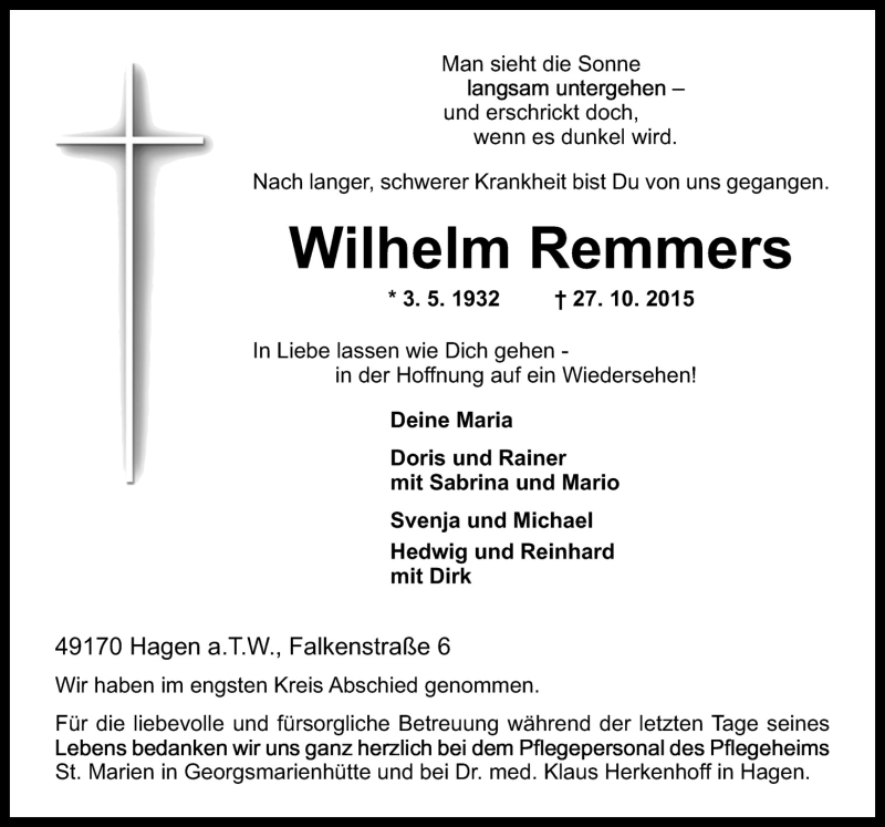  Traueranzeige für Wilhelm Remmers vom 02.11.2015 aus Neue Osnabrücker Zeitung GmbH & Co. KG