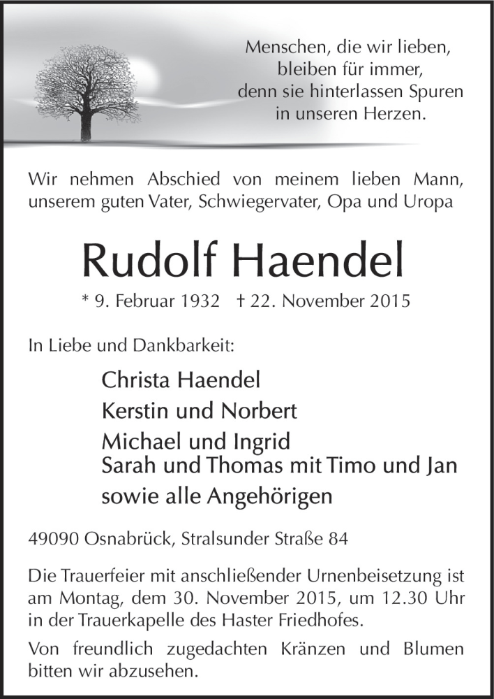  Traueranzeige für Rudolf Haendel vom 25.11.2015 aus Neue Osnabrücker Zeitung GmbH & Co. KG