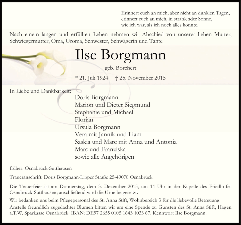  Traueranzeige für Ilse Borgmann vom 28.11.2015 aus Neue Osnabrücker Zeitung GmbH & Co. KG