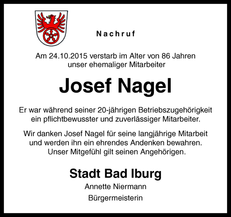  Traueranzeige für Joef Nagel vom 07.11.2015 aus Neue Osnabrücker Zeitung GmbH & Co. KG