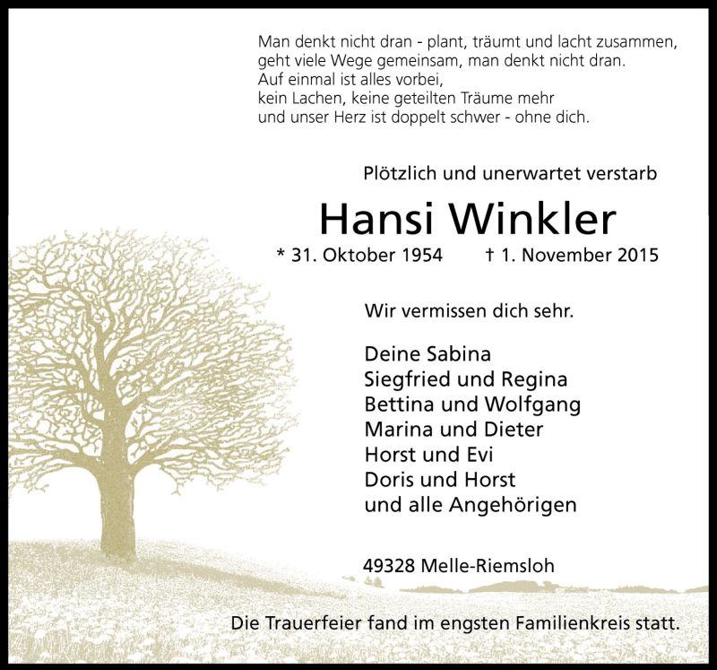  Traueranzeige für Hansi Winkler vom 07.11.2015 aus Neue Osnabrücker Zeitung GmbH & Co. KG
