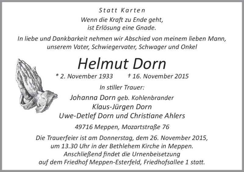  Traueranzeige für Helmut Dorn vom 25.11.2015 aus Neue Osnabrücker Zeitung GmbH & Co. KG