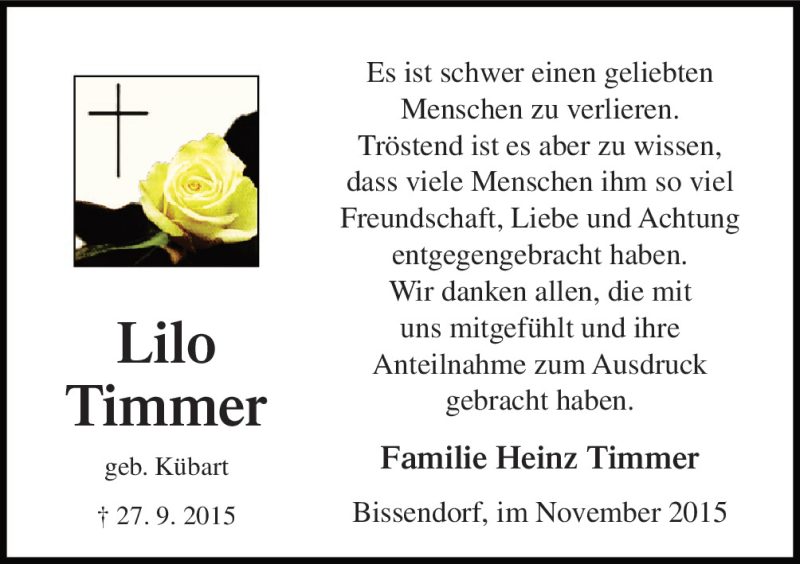  Traueranzeige für Lilo Timmer vom 14.11.2015 aus Neue Osnabrücker Zeitung GmbH & Co. KG