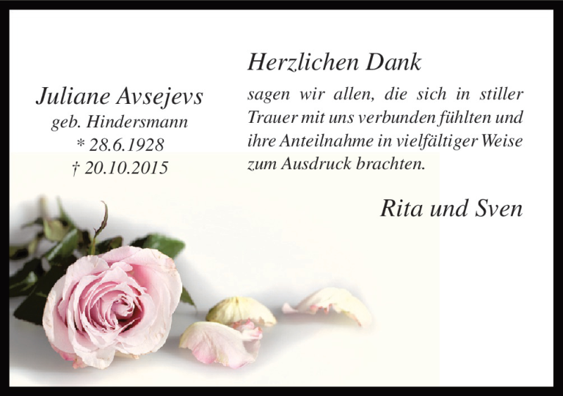  Traueranzeige für Juliane Avsejevs vom 28.11.2015 aus Neue Osnabrücker Zeitung GmbH & Co. KG