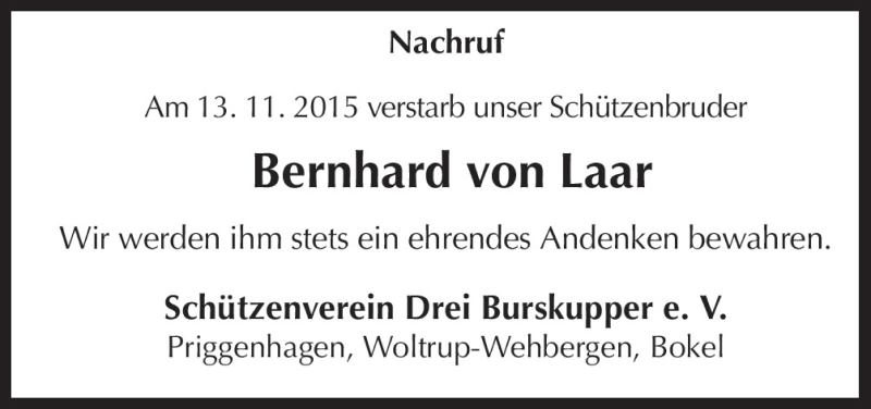  Traueranzeige für Bernhard von Laar vom 25.11.2015 aus Neue Osnabrücker Zeitung GmbH & Co. KG