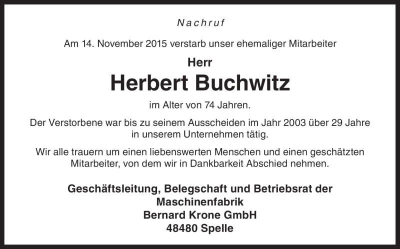  Traueranzeige für Herbert Buchwitz vom 21.11.2015 aus Neue Osnabrücker Zeitung GmbH & Co. KG