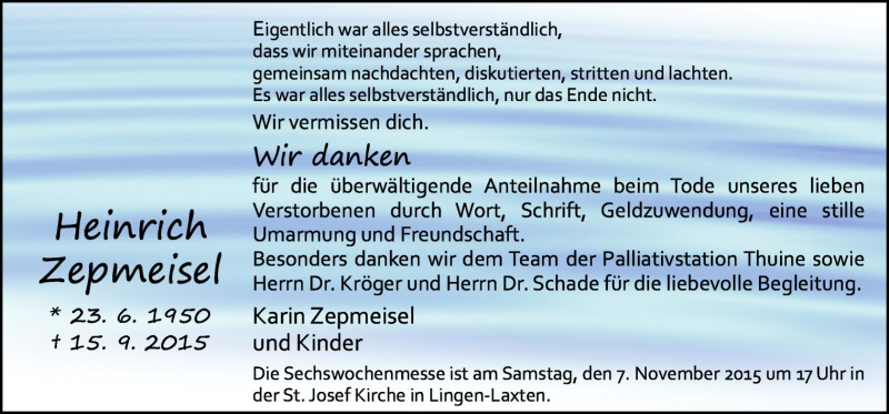  Traueranzeige für Heinrich Zepmeisel vom 04.11.2015 aus Neue Osnabrücker Zeitung GmbH & Co. KG