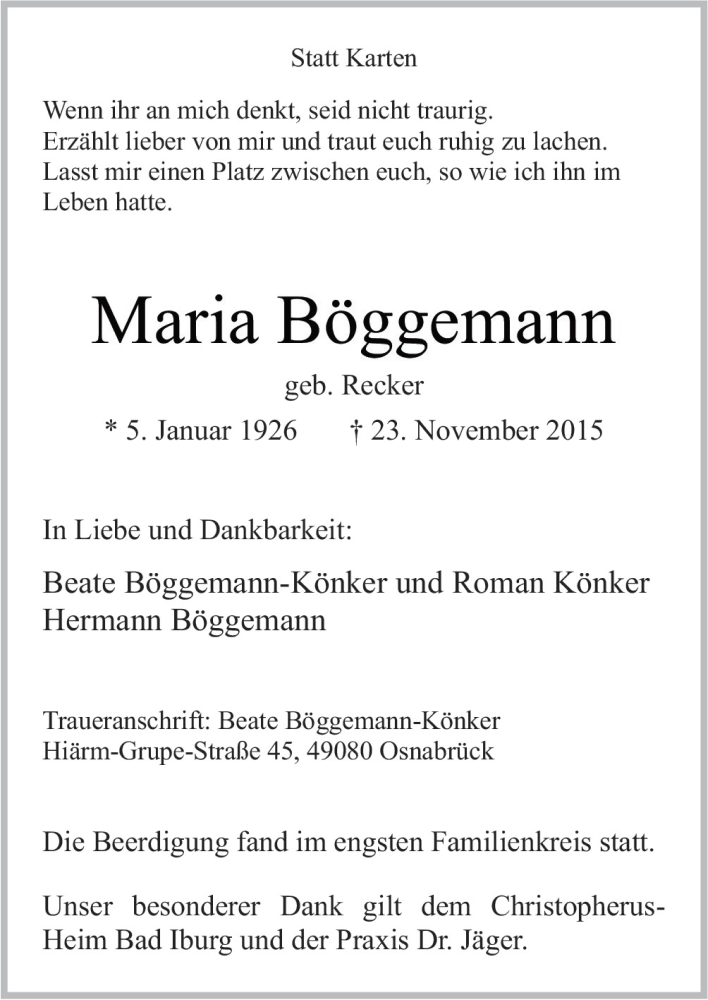  Traueranzeige für Maria Böggernann vom 28.11.2015 aus Neue Osnabrücker Zeitung GmbH & Co. KG