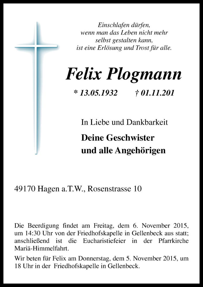  Traueranzeige für Felix Plogmann vom 04.11.2015 aus Neue Osnabrücker Zeitung GmbH & Co. KG