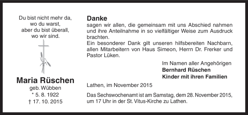  Traueranzeige für Maria Rüschen vom 25.11.2015 aus Neue Osnabrücker Zeitung GmbH & Co. KG