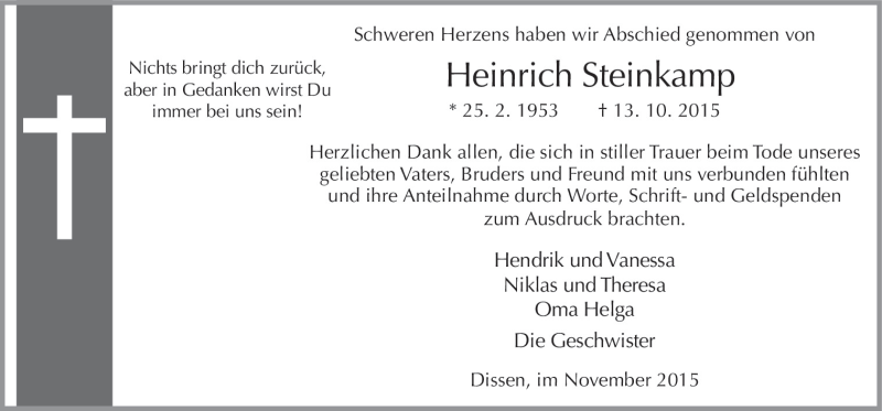  Traueranzeige für Heinrich Steinkamp vom 28.11.2015 aus Neue Osnabrücker Zeitung GmbH & Co. KG