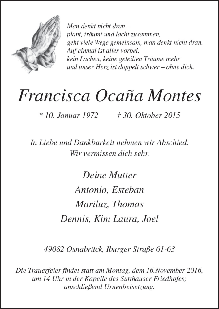  Traueranzeige für Francisca Ocana Montes vom 11.11.2015 aus Neue Osnabrücker Zeitung GmbH & Co. KG