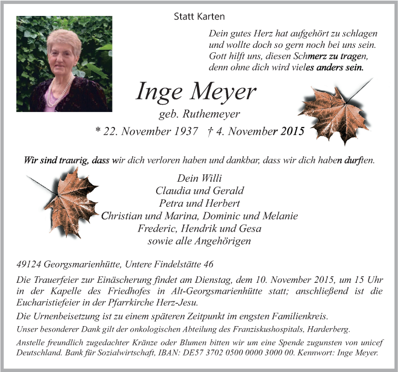  Traueranzeige für Inge Meyer vom 07.11.2015 aus Neue Osnabrücker Zeitung GmbH & Co. KG