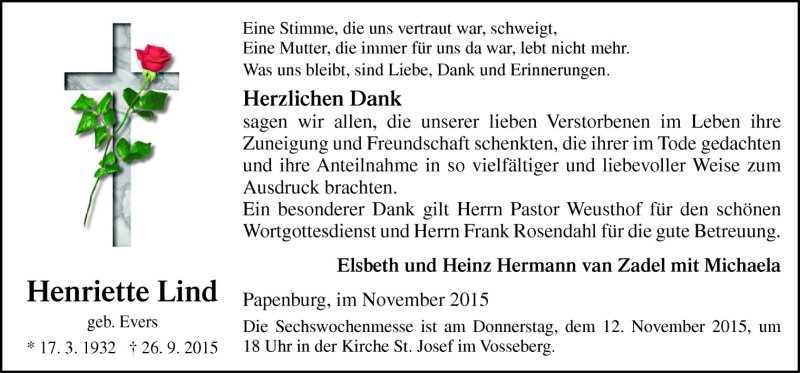  Traueranzeige für Henriette Lind vom 07.11.2015 aus Neue Osnabrücker Zeitung GmbH & Co. KG
