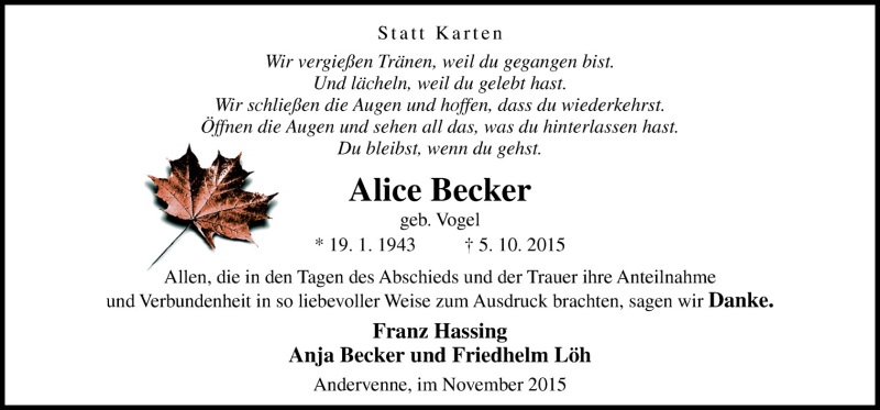  Traueranzeige für Alice Becker vom 03.11.2015 aus Neue Osnabrücker Zeitung GmbH & Co. KG