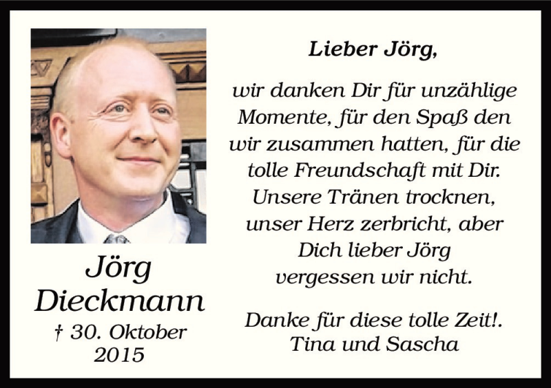  Traueranzeige für Jörg Dieckmann vom 11.11.2015 aus Neue Osnabrücker Zeitung GmbH & Co. KG