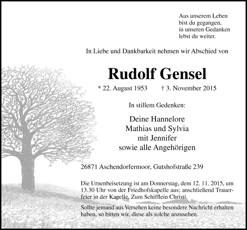  Traueranzeige für Rudolf Gensel vom 09.11.2015 aus Neue Osnabrücker Zeitung GmbH & Co. KG