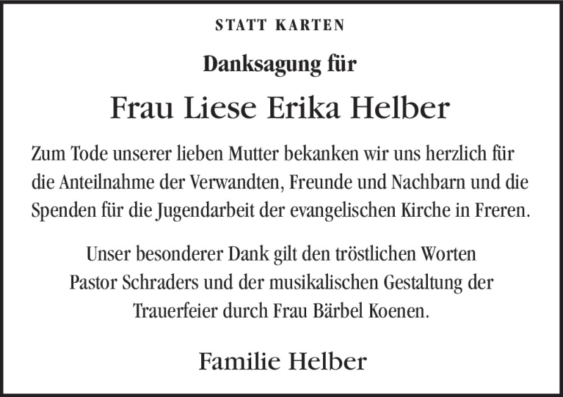  Traueranzeige für Liese Erika Helber vom 28.11.2015 aus Neue Osnabrücker Zeitung GmbH & Co. KG