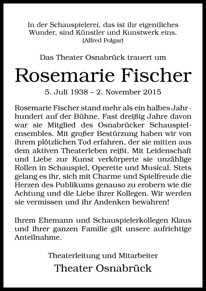 Traueranzeige für Rosemarie Fischer vom 07.11.2015 aus Neue Osnabrücker Zeitung GmbH & Co. KG