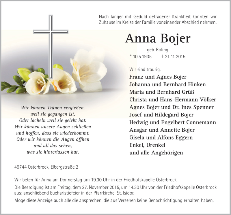  Traueranzeige für Anna Bojer vom 24.11.2015 aus Neue Osnabrücker Zeitung GmbH & Co. KG