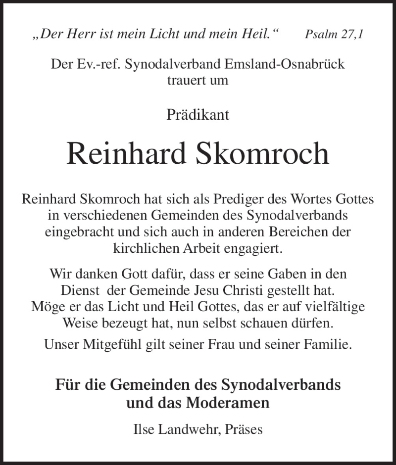  Traueranzeige für Reinhard Skomroch vom 26.11.2015 aus Neue Osnabrücker Zeitung GmbH & Co. KG