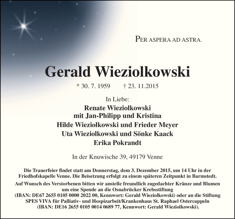 Traueranzeige für Gerald Wieziolkowski vom 28.11.2015 aus Neue Osnabrücker Zeitung GmbH & Co. KG