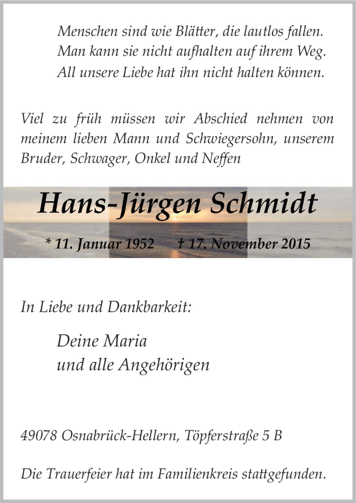  Traueranzeige für Hans-Jürgen Schmidt vom 26.11.2015 aus Neue Osnabrücker Zeitung GmbH & Co. KG