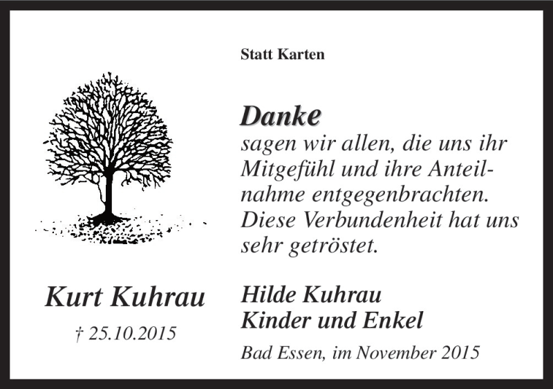  Traueranzeige für Kurt Kuhrau vom 21.11.2015 aus Neue Osnabrücker Zeitung GmbH & Co. KG