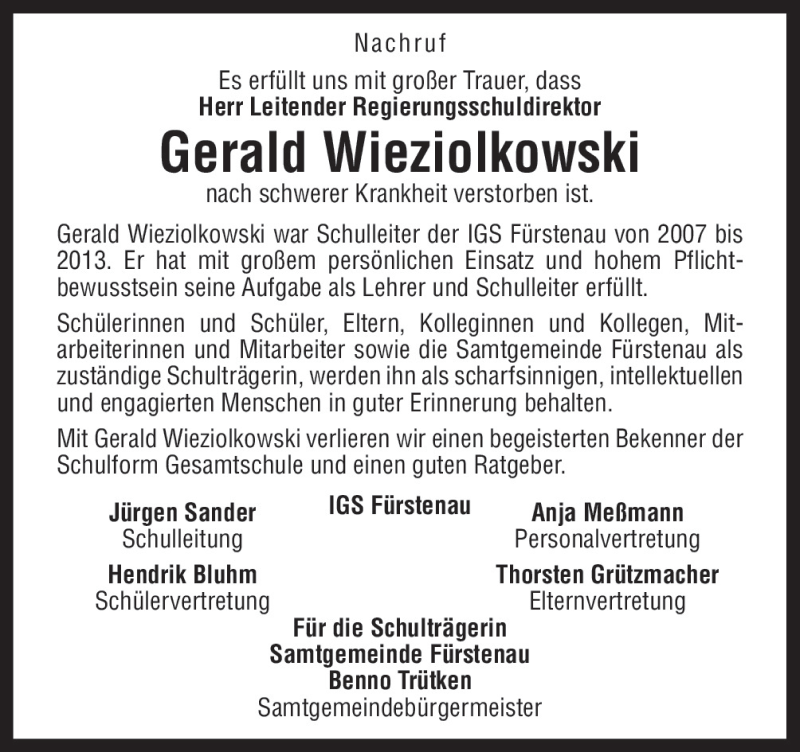  Traueranzeige für Gerald Wieziolkowski vom 28.11.2015 aus Neue Osnabrücker Zeitung GmbH & Co. KG