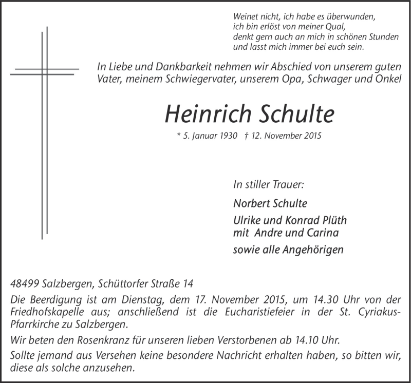  Traueranzeige für Heinrich Schulte vom 14.11.2015 aus Neue Osnabrücker Zeitung GmbH & Co. KG