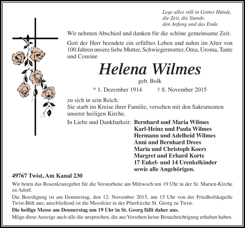 Traueranzeige für Helena Wilmes vom 10.11.2015 aus Neue Osnabrücker Zeitung GmbH & Co. KG