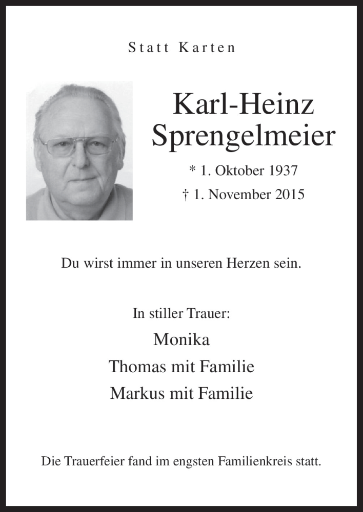  Traueranzeige für Karl-Heinz Sprengelmeier vom 14.11.2015 aus Neue Osnabrücker Zeitung GmbH & Co. KG
