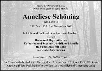 Traueranzeige von Anneliese Schöning von Neue Osnabrücker Zeitung GmbH & Co. KG