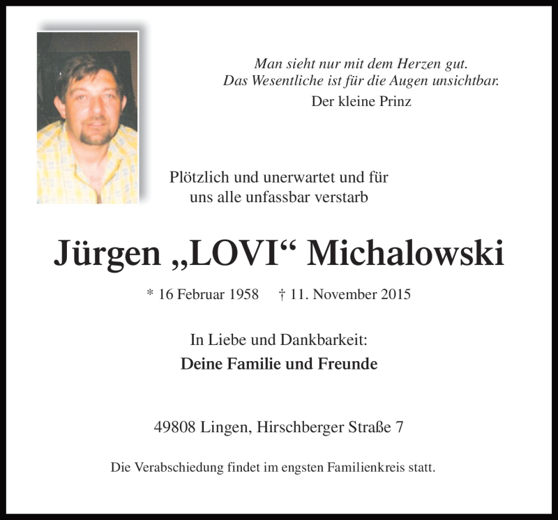  Traueranzeige für Jürgen Michalowski vom 21.11.2015 aus Neue Osnabrücker Zeitung GmbH & Co. KG