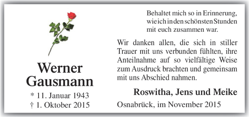  Traueranzeige für Werner Gausmann vom 11.11.2015 aus Neue Osnabrücker Zeitung GmbH & Co. KG
