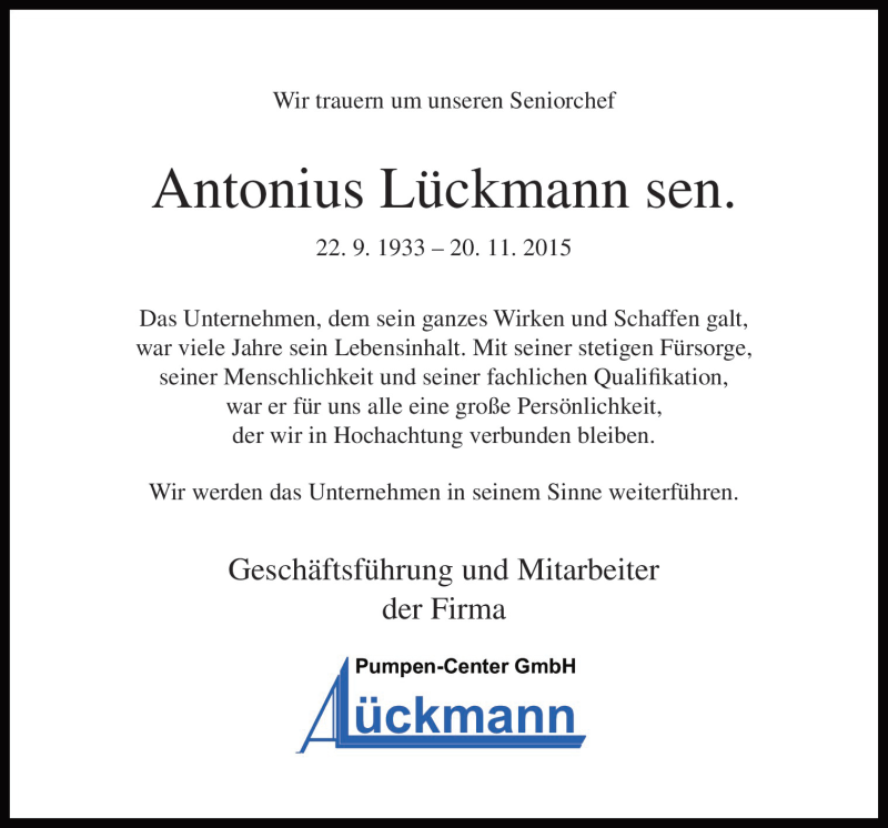 Traueranzeige für Antonius Lückmann vom 23.11.2015 aus Neue Osnabrücker Zeitung GmbH & Co. KG