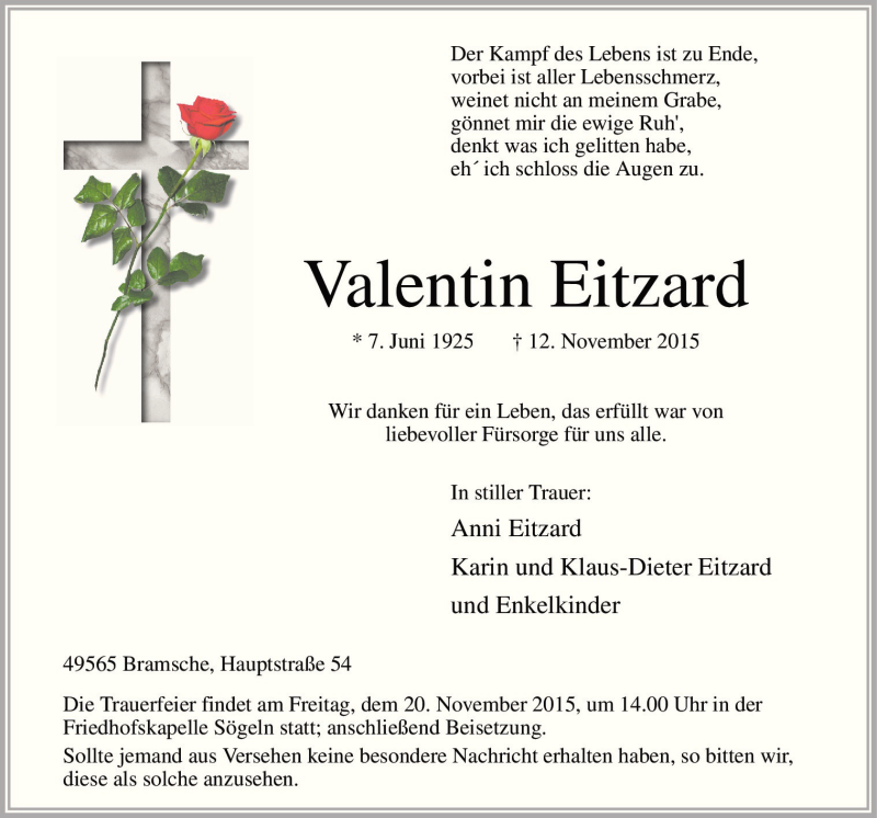  Traueranzeige für Valentin Eitzard vom 17.11.2015 aus Neue Osnabrücker Zeitung GmbH & Co. KG