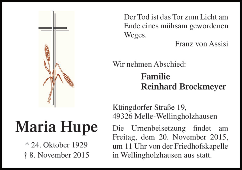  Traueranzeige für Maria Hupe vom 19.11.2015 aus Neue Osnabrücker Zeitung GmbH & Co. KG