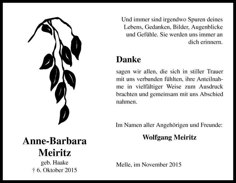  Traueranzeige für Anne-Barbara Meiritz vom 07.11.2015 aus Neue Osnabrücker Zeitung GmbH & Co. KG