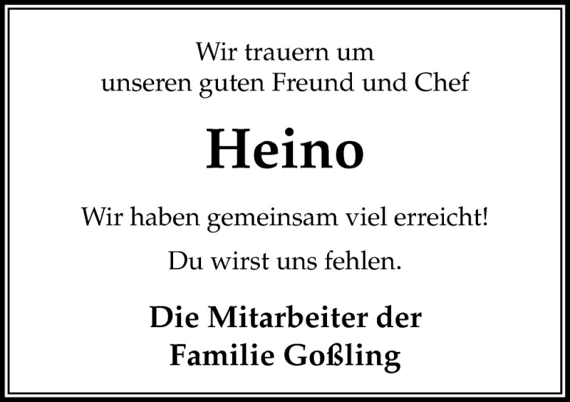  Traueranzeige für Heino  vom 03.11.2015 aus Neue Osnabrücker Zeitung GmbH & Co. KG