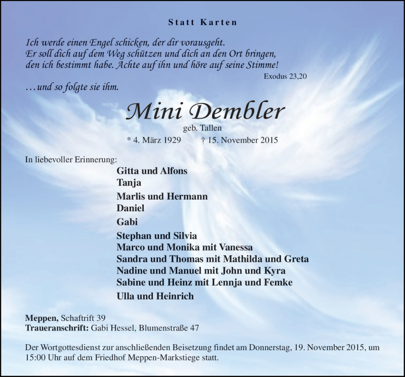  Traueranzeige für Mini Dembler vom 18.11.2015 aus Neue Osnabrücker Zeitung GmbH & Co. KG