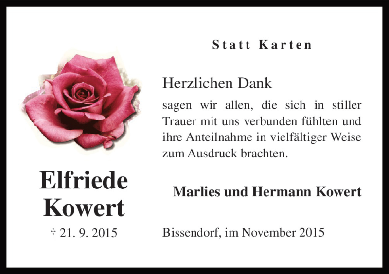  Traueranzeige für Elfriede Kowert vom 21.11.2015 aus Neue Osnabrücker Zeitung GmbH & Co. KG