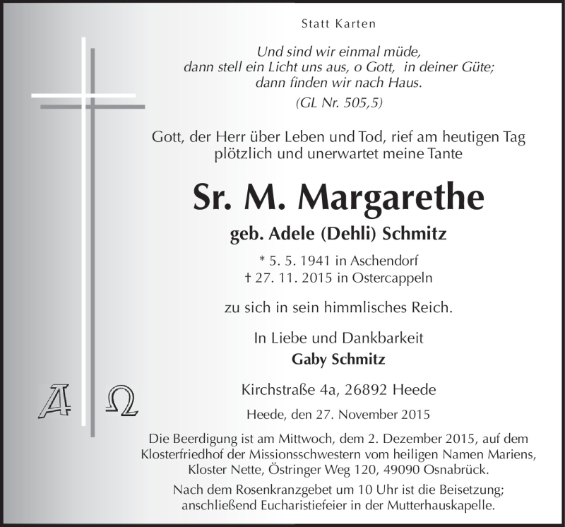  Traueranzeige für M.Margaretha  vom 30.11.2015 aus Neue Osnabrücker Zeitung GmbH & Co. KG