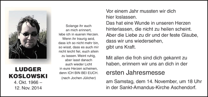  Traueranzeige für Ludger Koslowski vom 12.11.2015 aus Neue Osnabrücker Zeitung GmbH & Co. KG